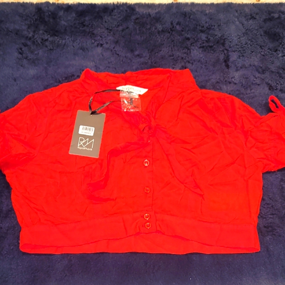 Red Button-Up Top With Bows On Sleeves And Neck.  Royal Monk Nwt Size L